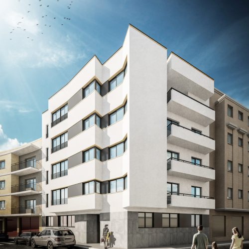 Render 3D de edificio plurifamiliar en esquina proyectado por arquitecto interiorista en Valencia