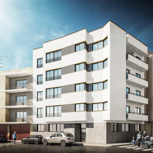 Render frontal de edificio en esquina con terrazas proyectado en estilo de arquitectura vanguardista Valencia