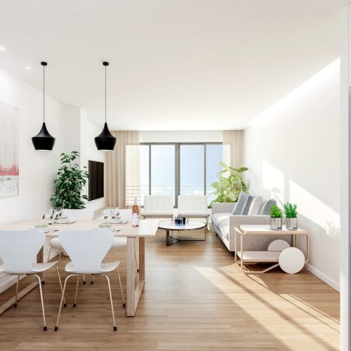Render interior de salón-comedor luminoso con mobiliario neutro en proyecto de diseño de vivienda piso en Valencia