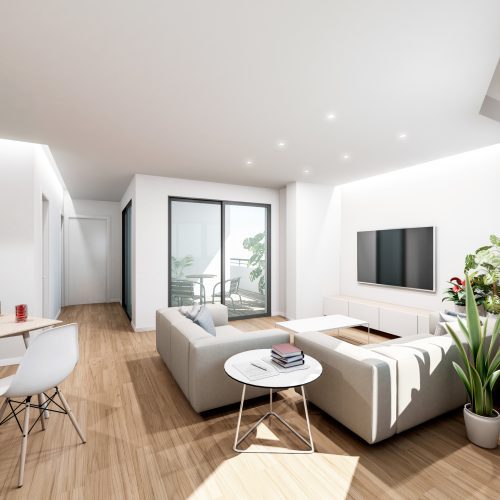 Render de salón-comedor con gran apertura a terraza proyectado por arquitectos Passivhaus en Valencia