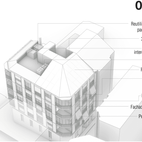Axonometría del edificio 00kWh con soluciones sostenibles activas y pasivas por estudio de arquitectura Valencia