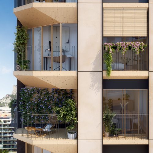 Fachada modular con balcones ajardinados y CLT visto en proyecto de arquitecto Valencia