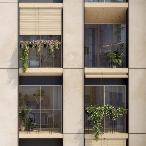 Detalle frontal de fachada con módulos prefabricados y persianas tradicionales por contratar arquitecto en Valencia