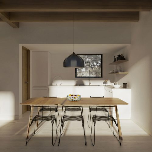 Cocina integrada con mobiliario blanco y techo de madera en vivienda modular proyectada por estudio de arquitectura en Valencia