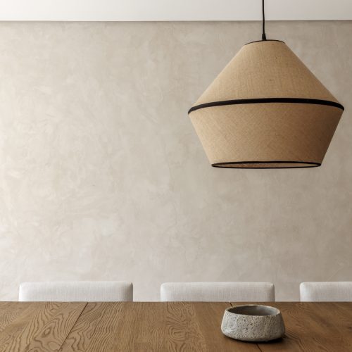 Detalle de comedor con acabados naturales y diseño sobrio en reforma, contactar estudio de arquitectura en Valencia Alfaro Arquitectos.