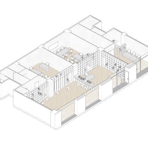 Axonometría general del proyecto con distribución modular y zonas funcionales, ideal para contratar arquitecto en Valencia.