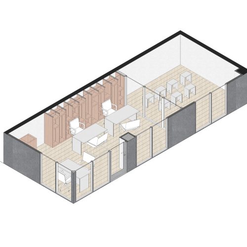 Axonometría con mobiliario y distribución de la Oficina de la Energía, ejemplo de proyecto para contratar arquitecto en Valencia.