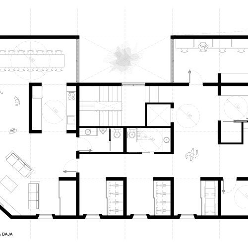 Plano arquitectónico de planta baja con programa comunitario en edificio diseñado por arquitecto obra nueva Valencia