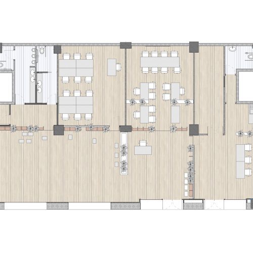 Plano arquitectónico de distribución funcional en planta baja para proyectos de arquitectura en Valencia con criterios sostenibles.