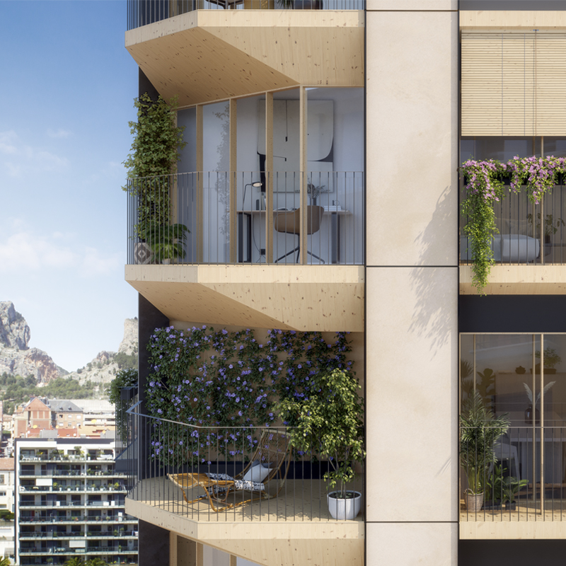 Arquitectura sostenible Valencia: fachada prefabricada con balcones en madera CLT del edificio 00kWh.
