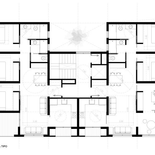 Plano de planta tipo con retícula 3x3 en CLT y distribución modular de viviendas en arquitectura residencial en Valencia