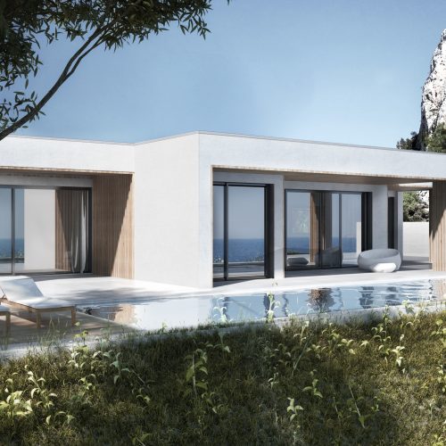 Vista exterior de vivienda modular con piscina frente al mar en Calpe, parte de proyectos de arquitectura residencial en Valencia