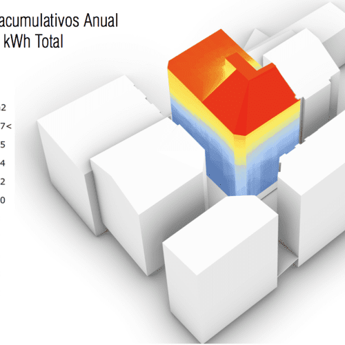 Simulación de radiación solar sobre el volumen del edificio 00kWh desarrollada por arquitecto Passivhaus en Valencia