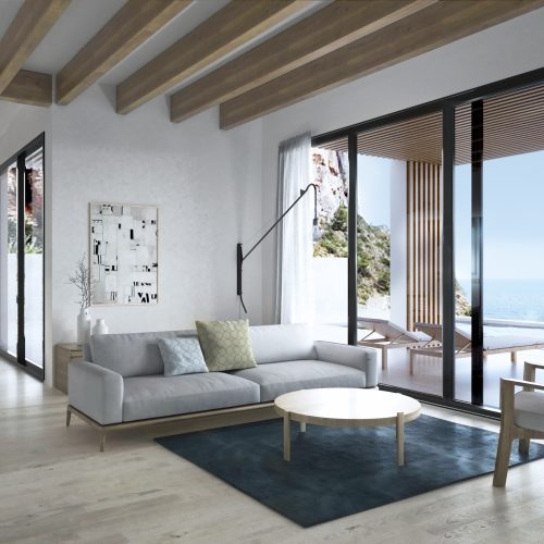 Salón-comedor con estructura vista y vistas al mar en vivienda modular de obra nueva proyectada por arquitecto obra nueva Valencia