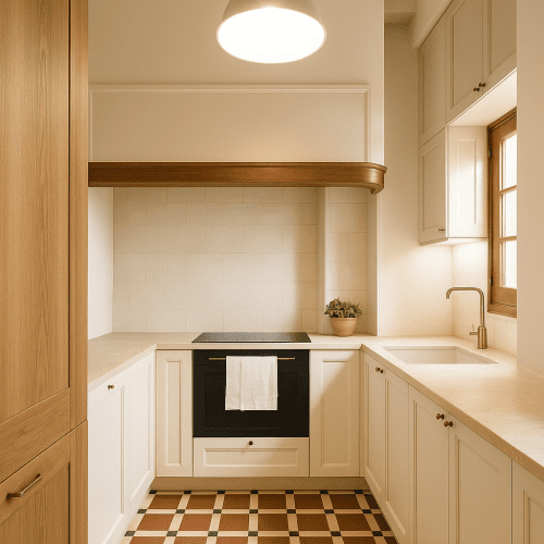Cocina con pavimento damero cerámico, muebles blancos y encimera clara, reformada por arquitecto Valencia con estética sobria.