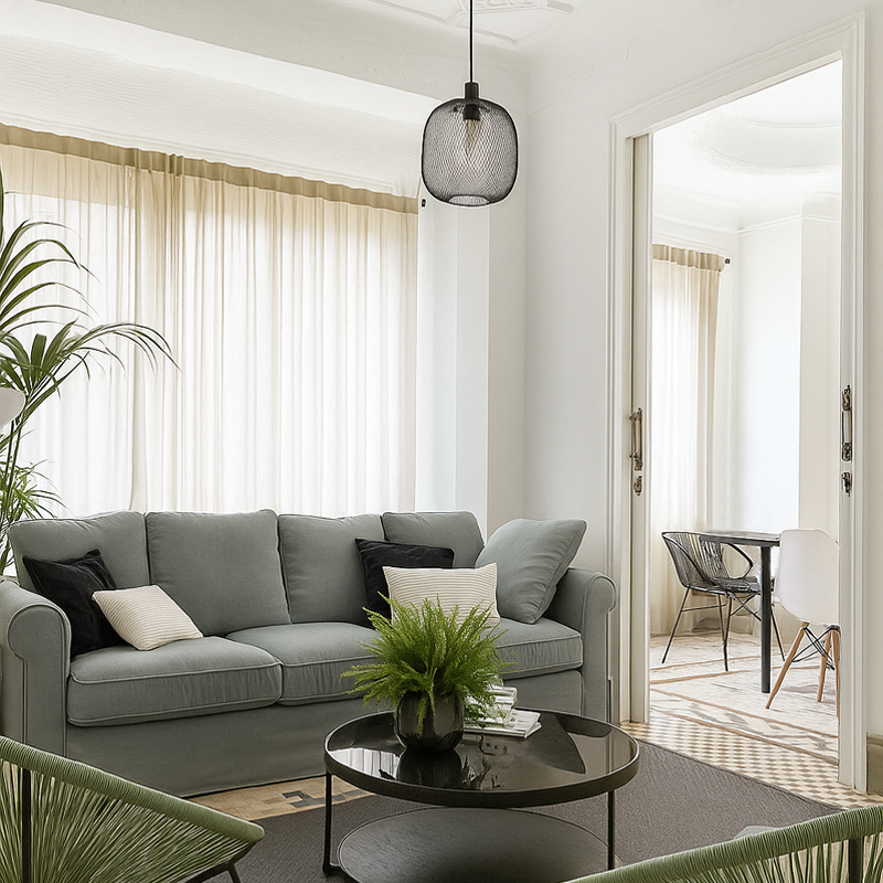 Salón luminoso con sofá verde grisáceo, mesa circular negra y pavimento hidráulico restaurado, resultado de una reforma integral de piso en Valencia.