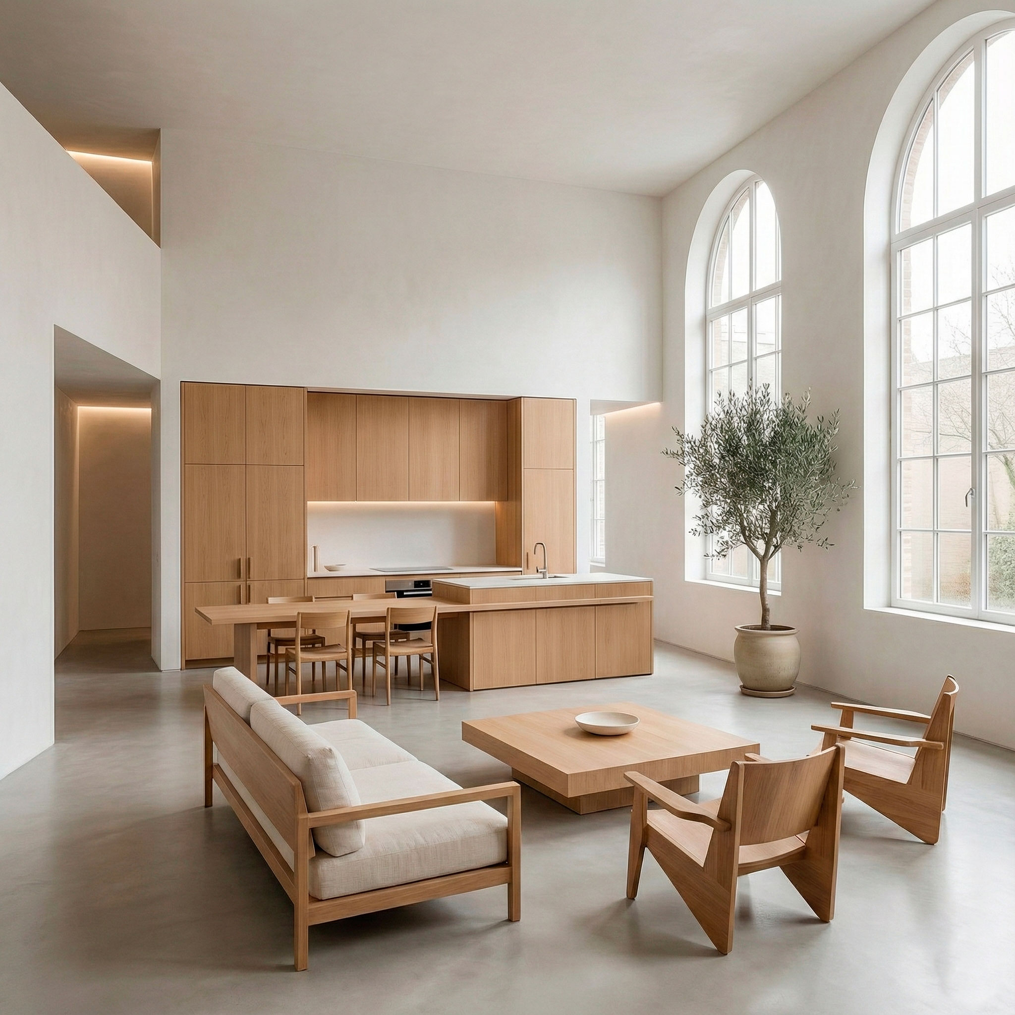 Espacio diáfano con cocina y salón en madera natural para ilustrar servicios de cambio de uso en interiores luminosos y contemporáneos.