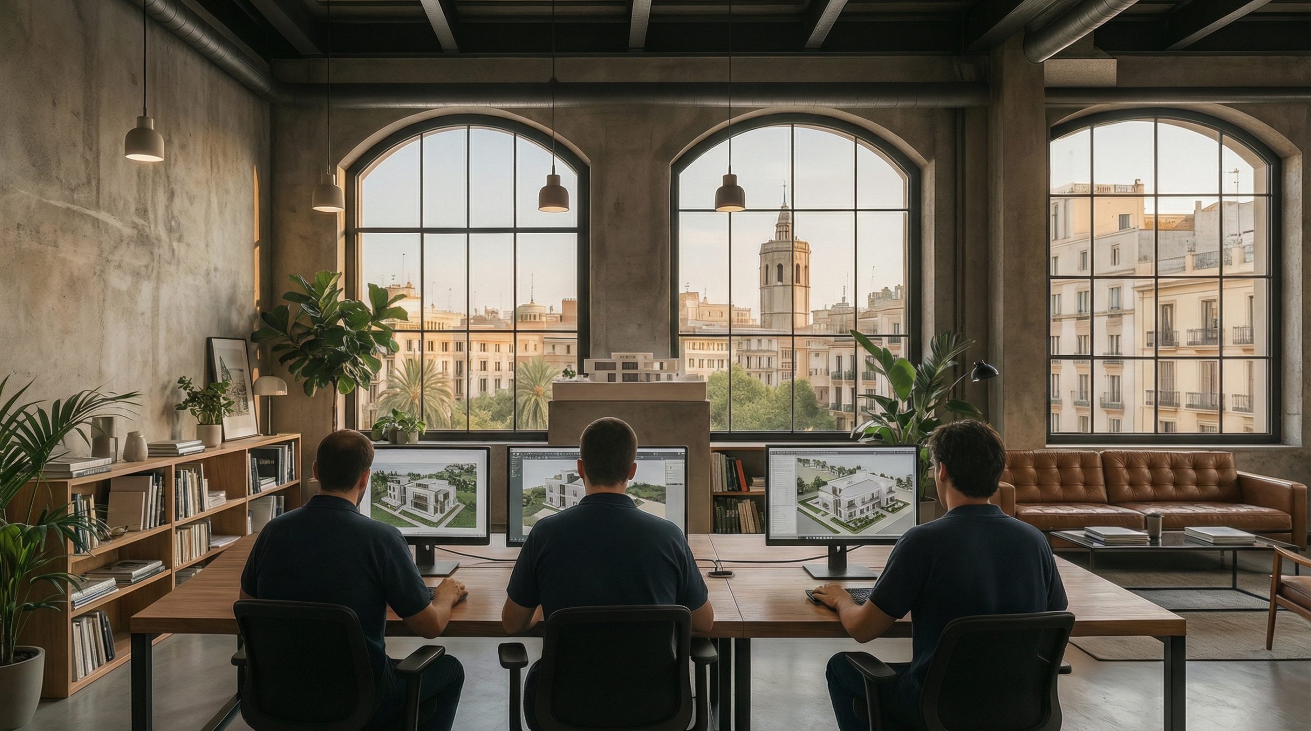 Equipo técnico de arquitectura trabajando en ordenadores con modelos de edificación y vistas urbanas de Valencia al fondo.