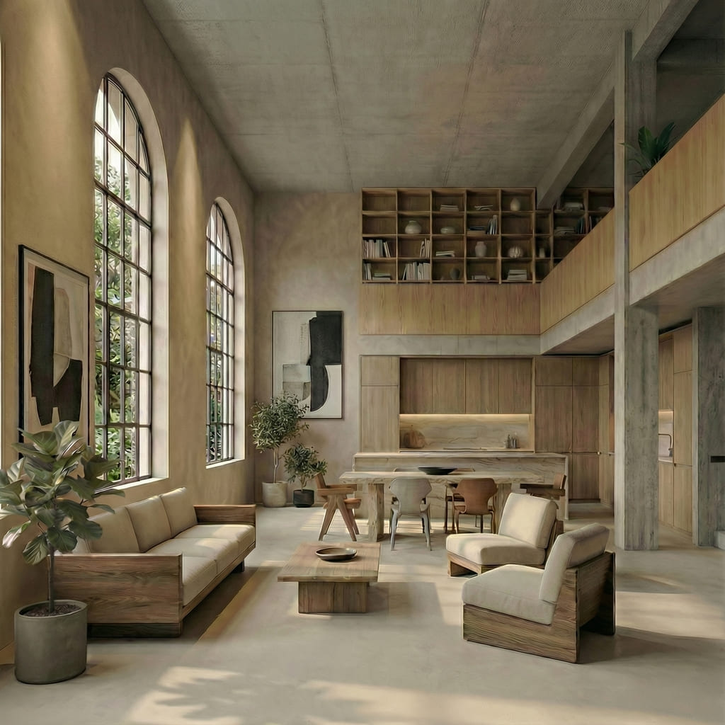 Interior de vivienda tras un cambio de uso, con salón de doble altura, grandes ventanales arqueados y acabados en madera natural.