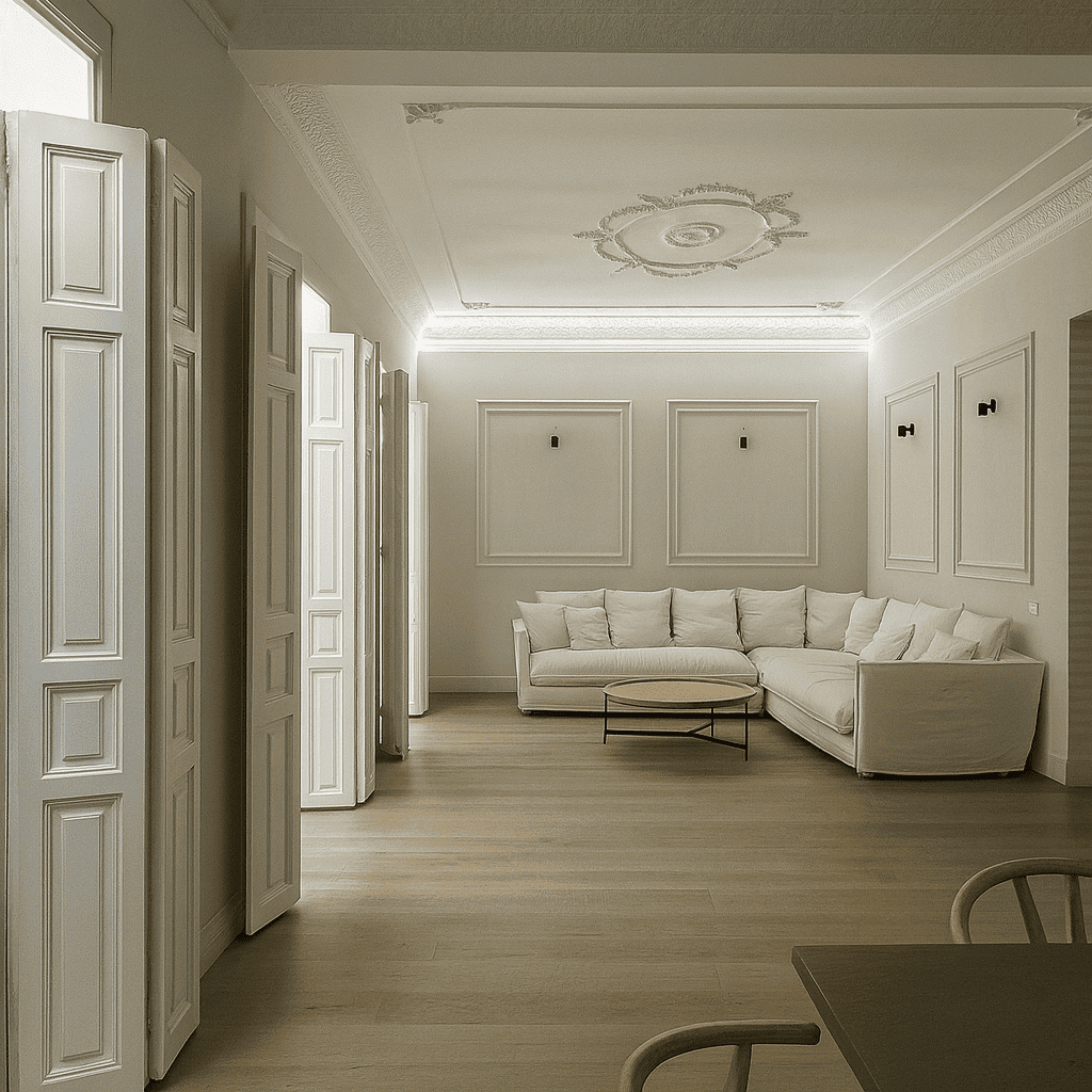 Salón de vivienda de lujo reformada, con techos altos, molduras clásicas, pavimento de madera natural y una distribución amplia y luminosa.