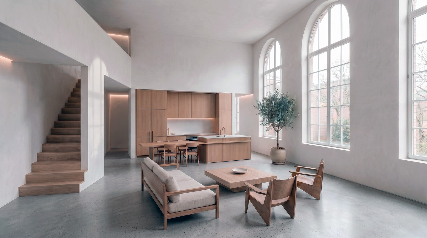 Salón a doble altura con escalera de un proyecto de cambio de uso de local comercial a vivienda. Servicio de cambios de uso de Alfaro Arquitectos, estudio de arquitectura en Valencia.